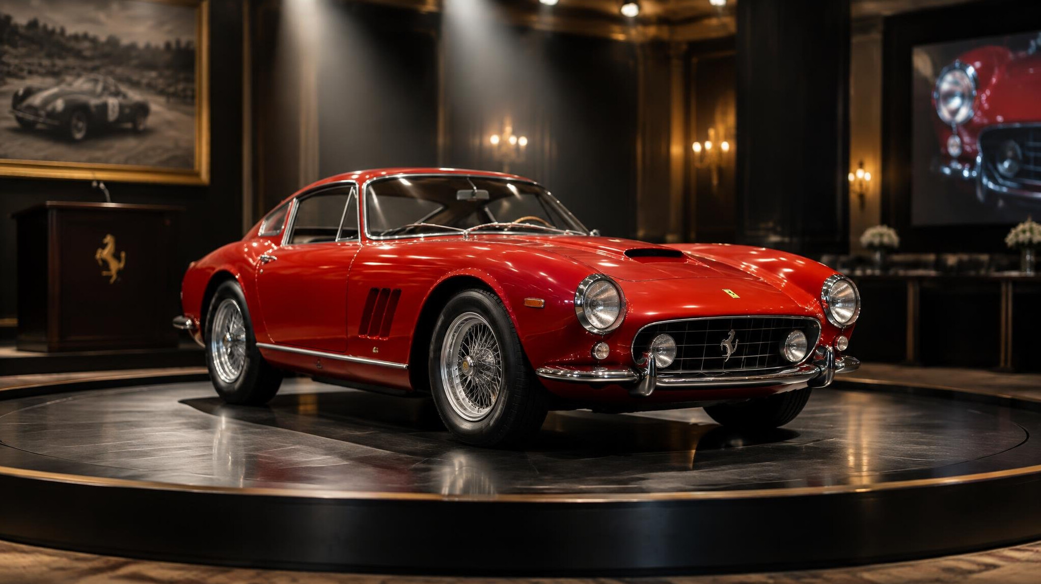 Vintage Ferrari displayed under dramatic lighting at an auction event