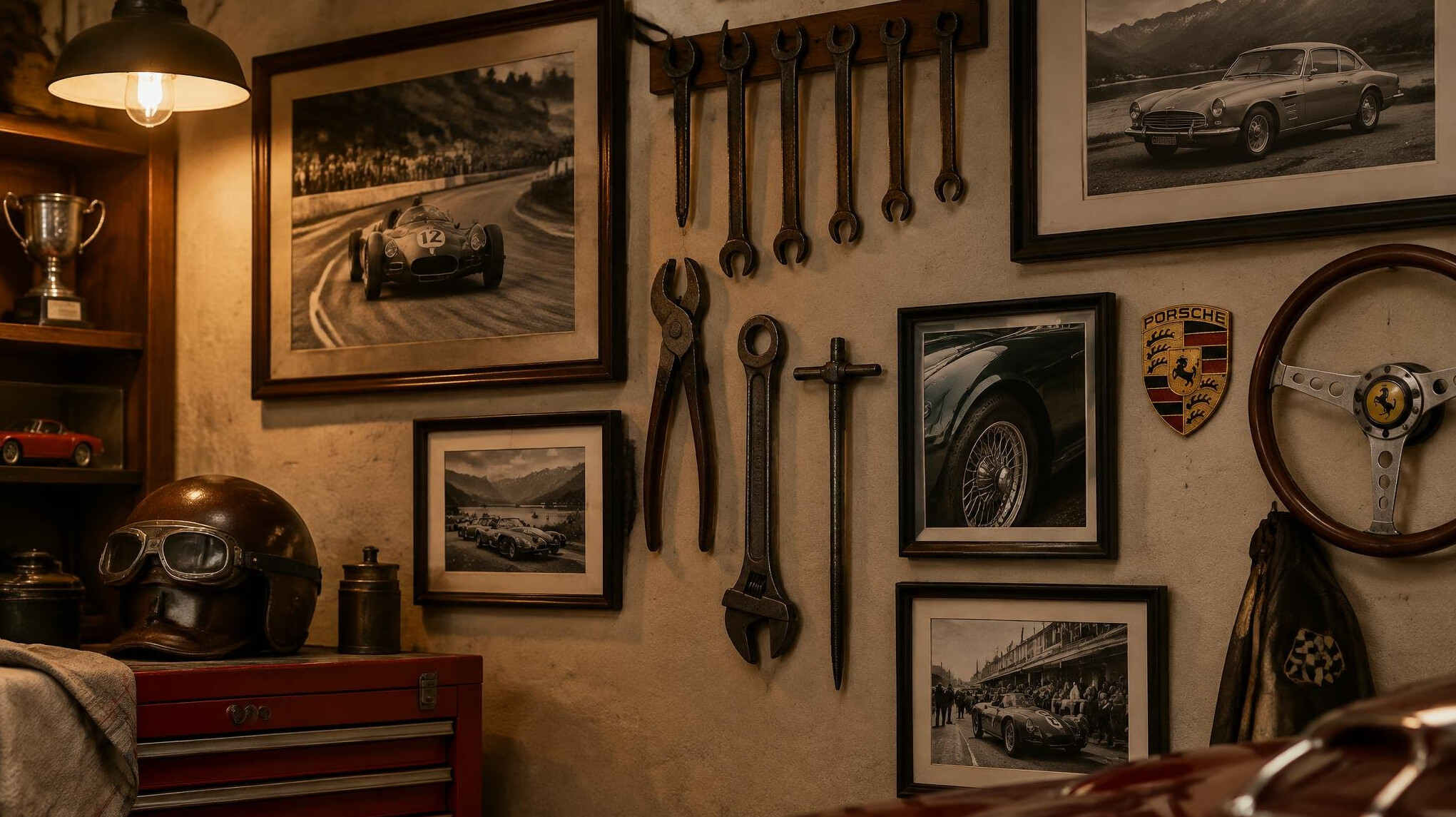Row of vintage tools and memorabilia on the wall of a private collector garage