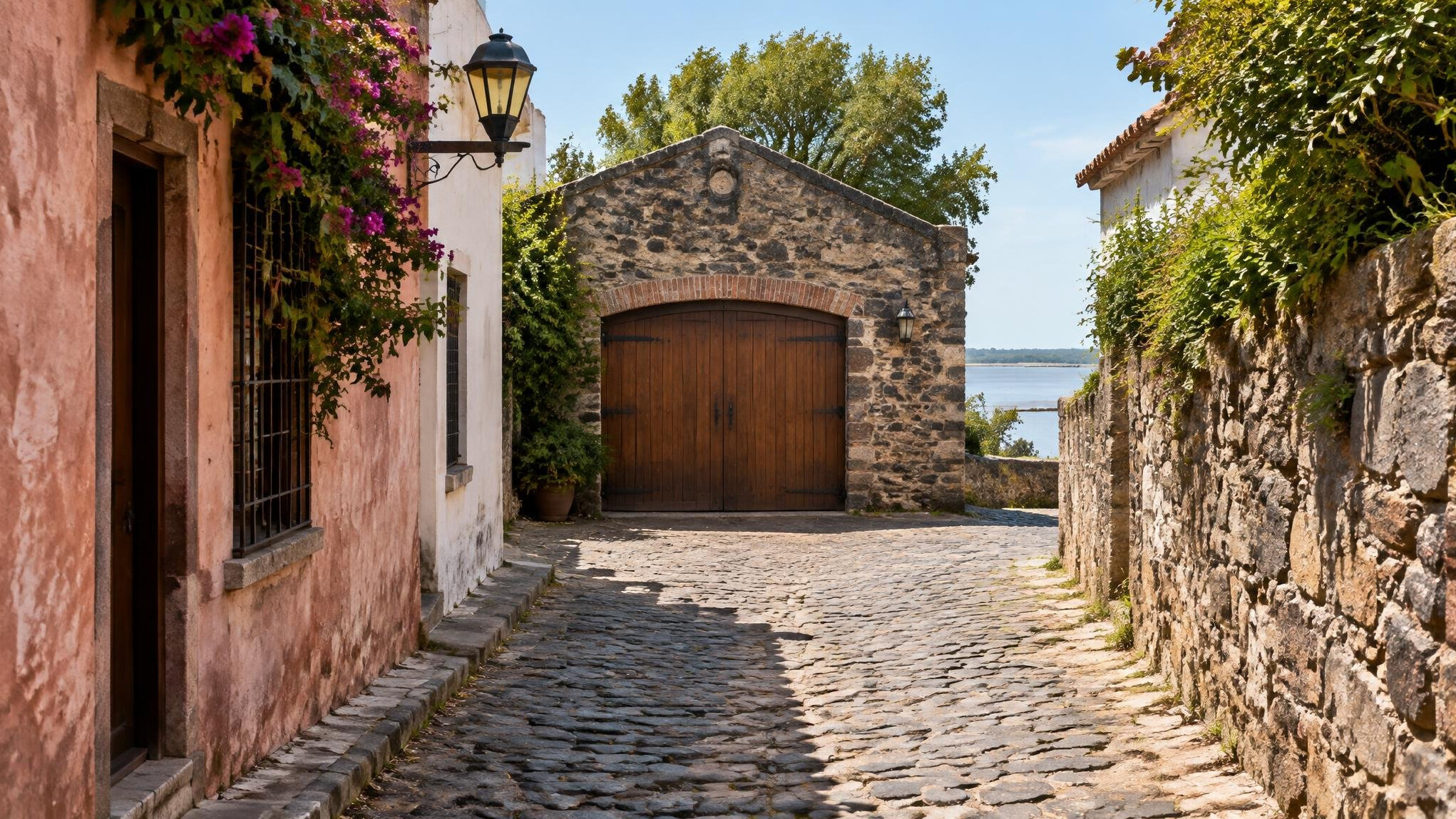 Cobblestone alley in Colonia del Sacramento leading to a historic stone garage