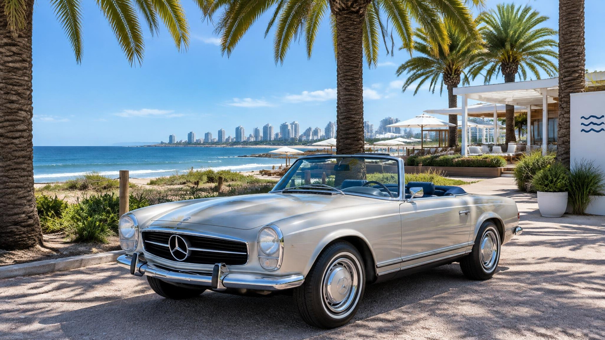 Convertible classic car parked under palm trees near a Punta del Este beach club