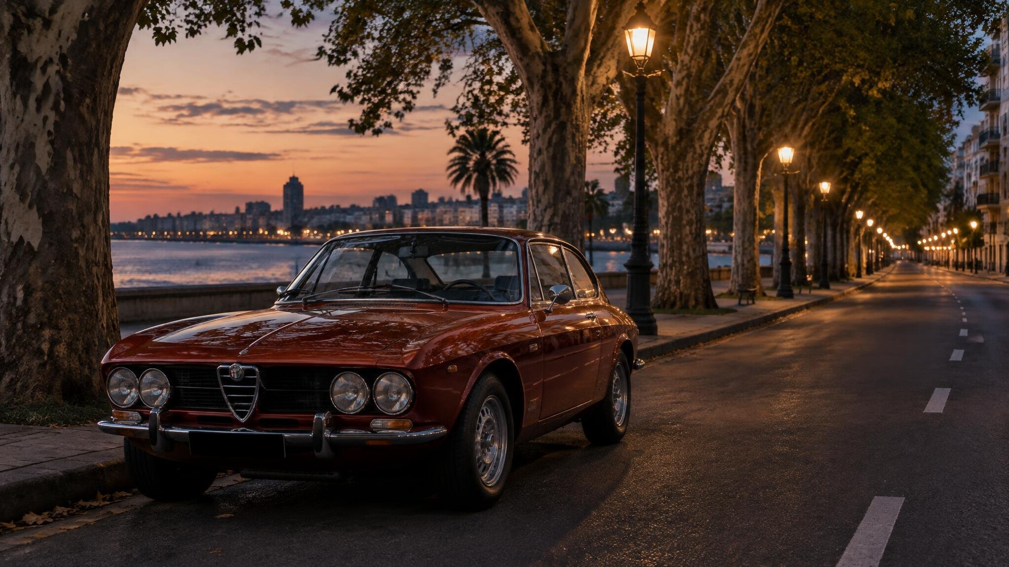 Classic Italian sports car parked along a tree lined Montevideo avenue at dusk