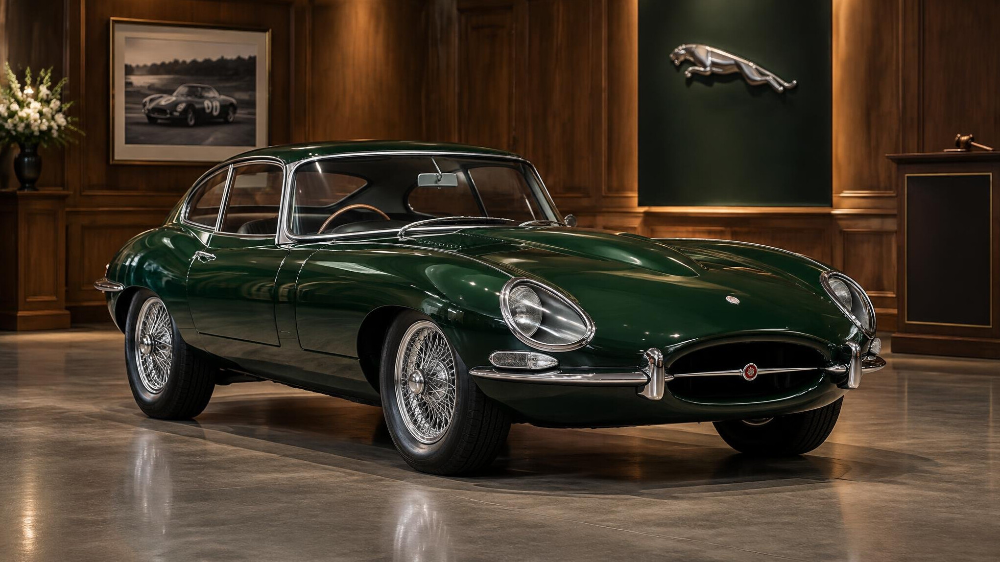 Classic British Jaguar sports car displayed at a vintage auction house