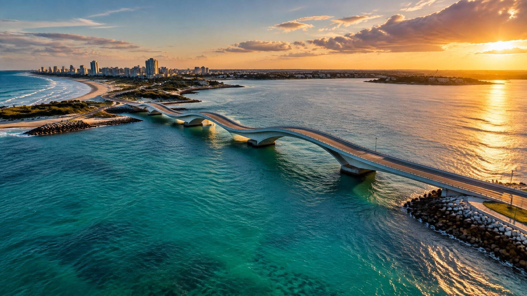 Wide aerial view of the wave shaped Puente de la Barra bridge in Punta del Este