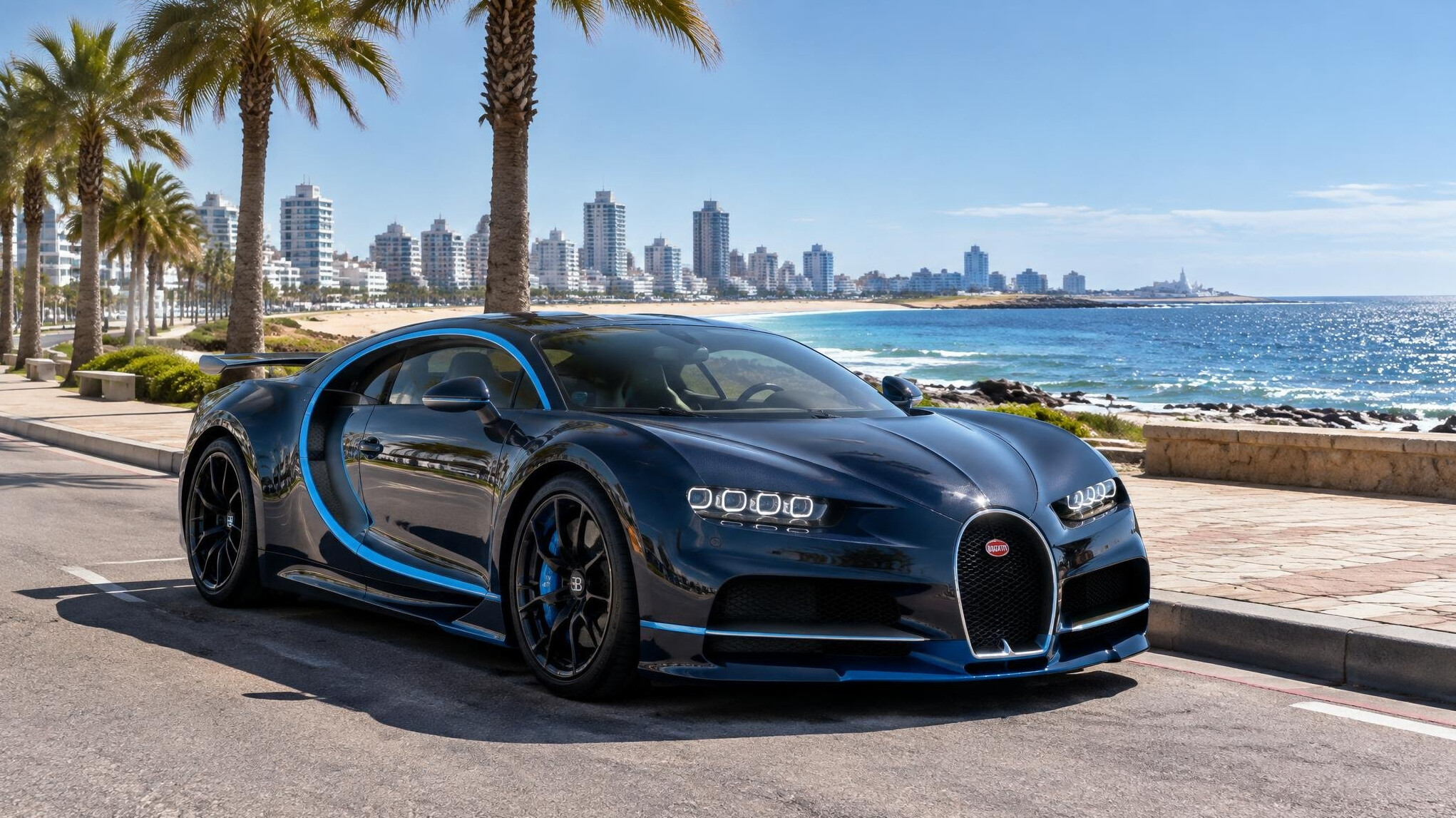 Exotic French hypercar parked near the beachfront promenade of Punta del Este