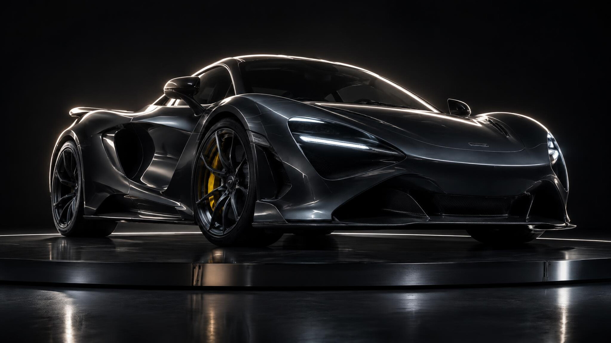 Exotic automobile photographed from a low angle in a dark studio for a 360 degree gallery