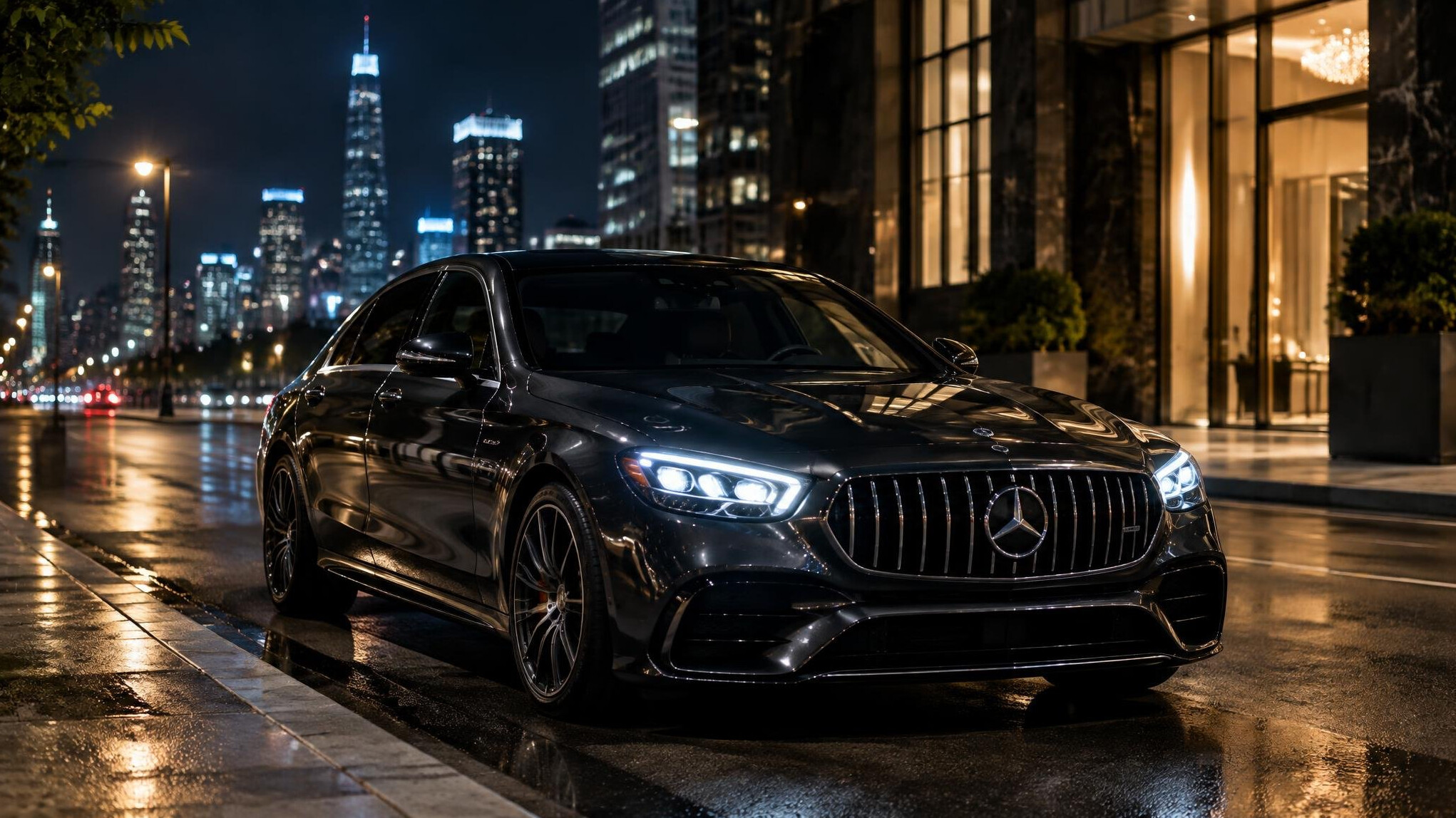 luxury car at night with lights
