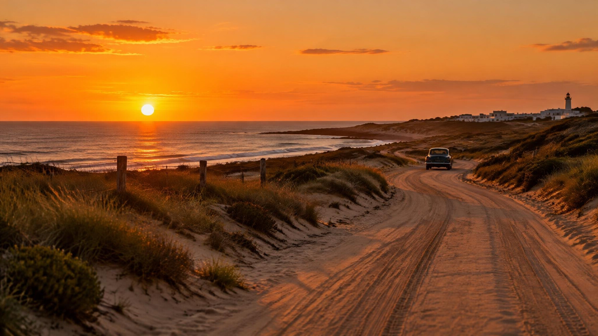 Sandy road near the dunes of Jose Ignacio at sunset with a distant classic car
