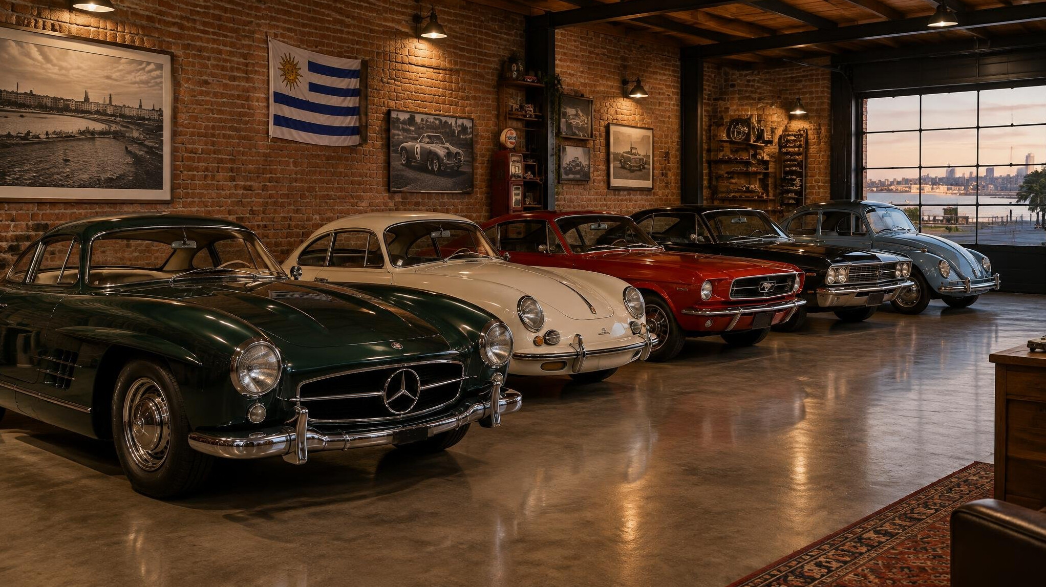Wide shot of a private car collection garage with several vintage automobiles in Montevideo