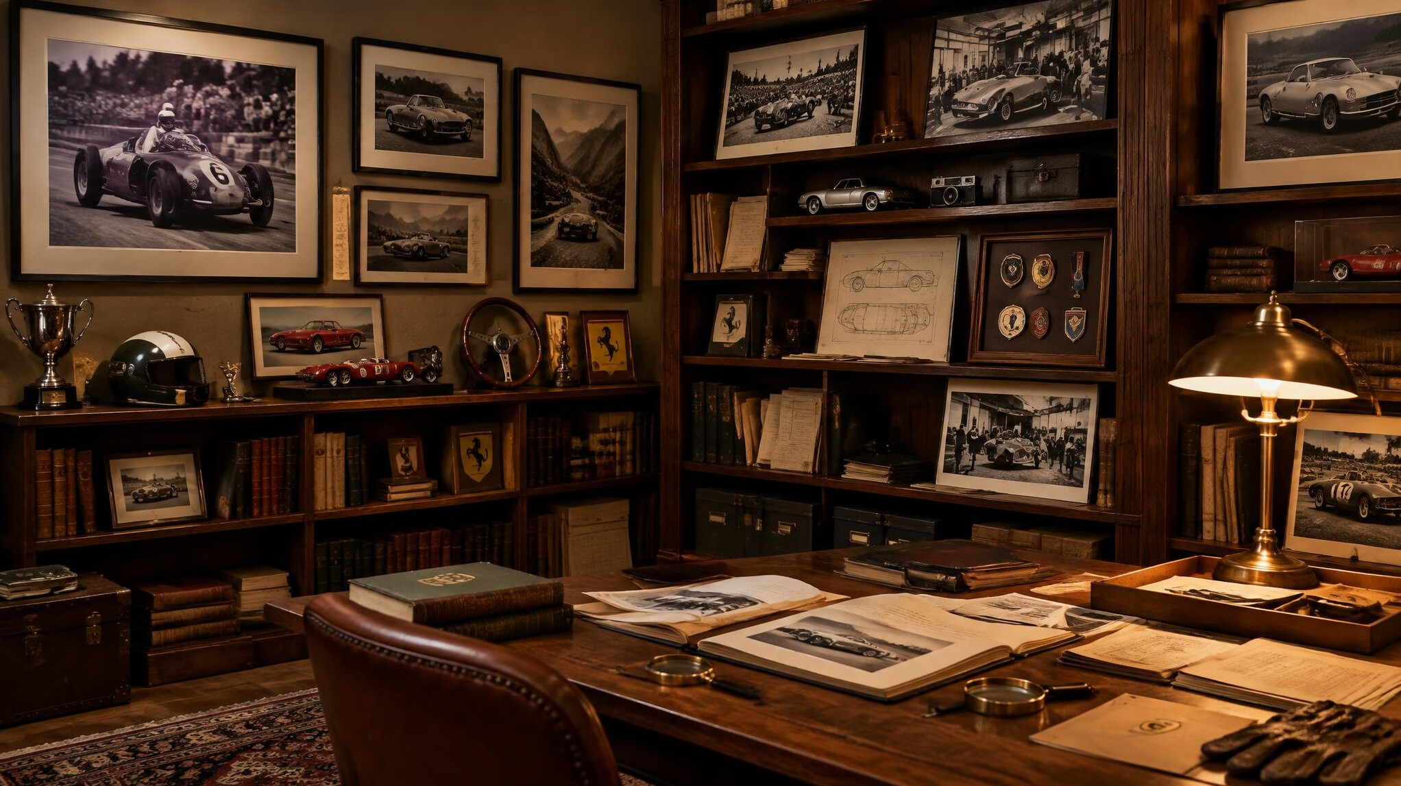 Editorial archive room with automotive photographs, documents and memorabilia