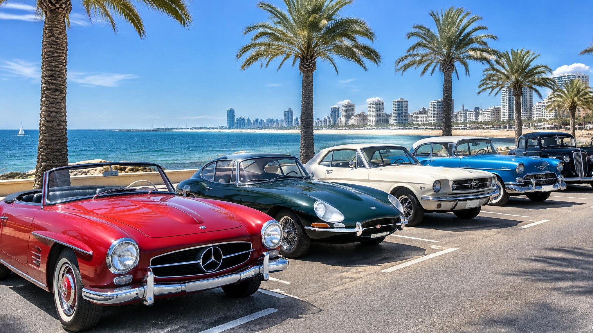 Classic automobiles gathered on a sunny summer day near the beach in Punta del Este
