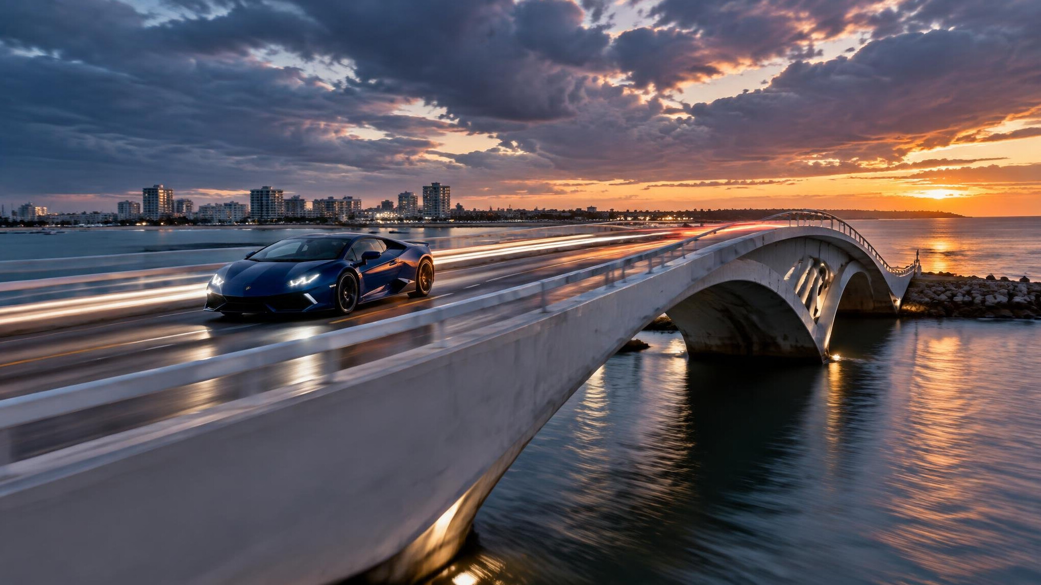 Exotic car crossing the wave shaped Puente de la Barra bridge in Punta del Este