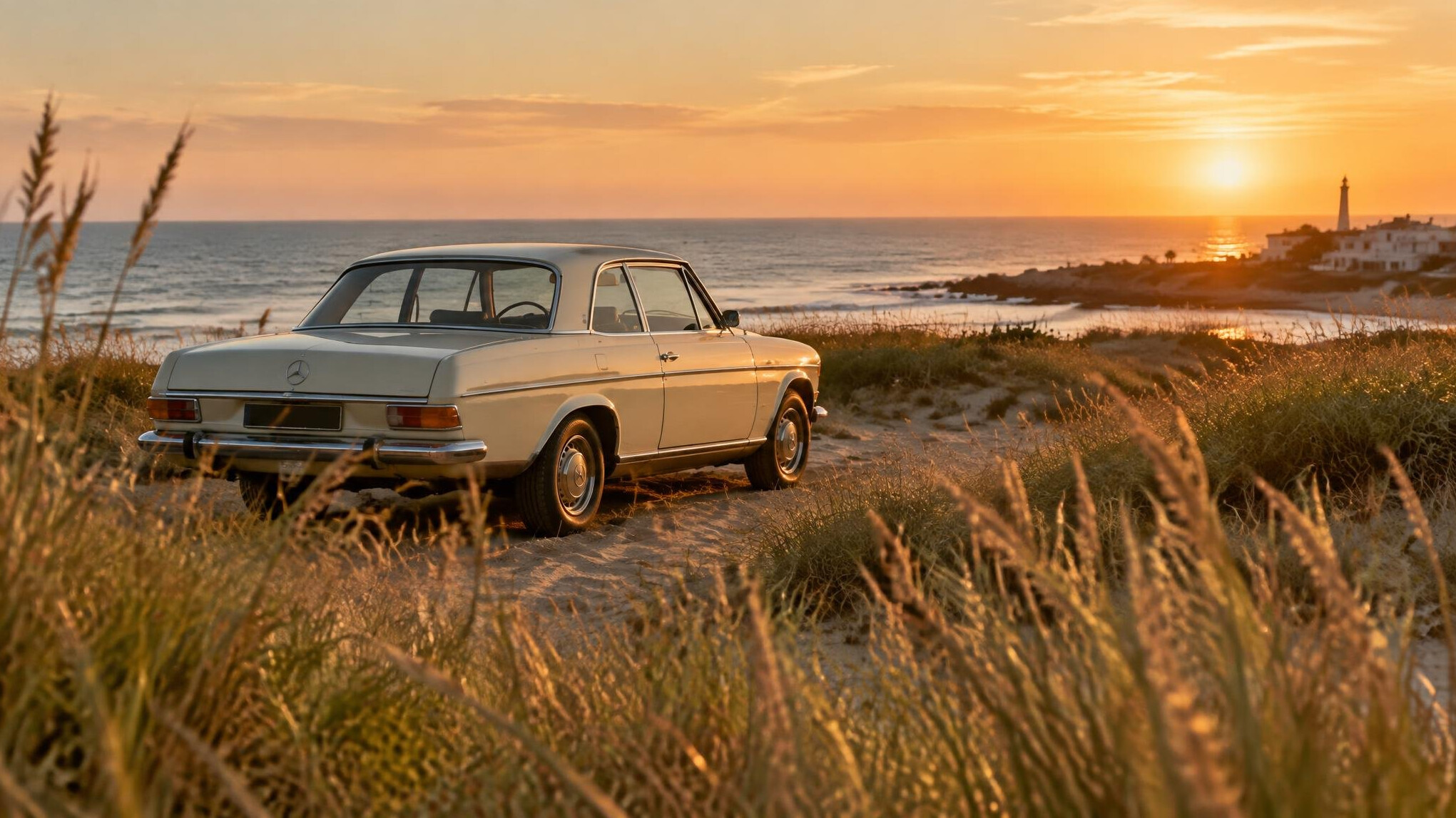 Vintage automobile parked among the coastal dunes of Jose Ignacio at golden hour