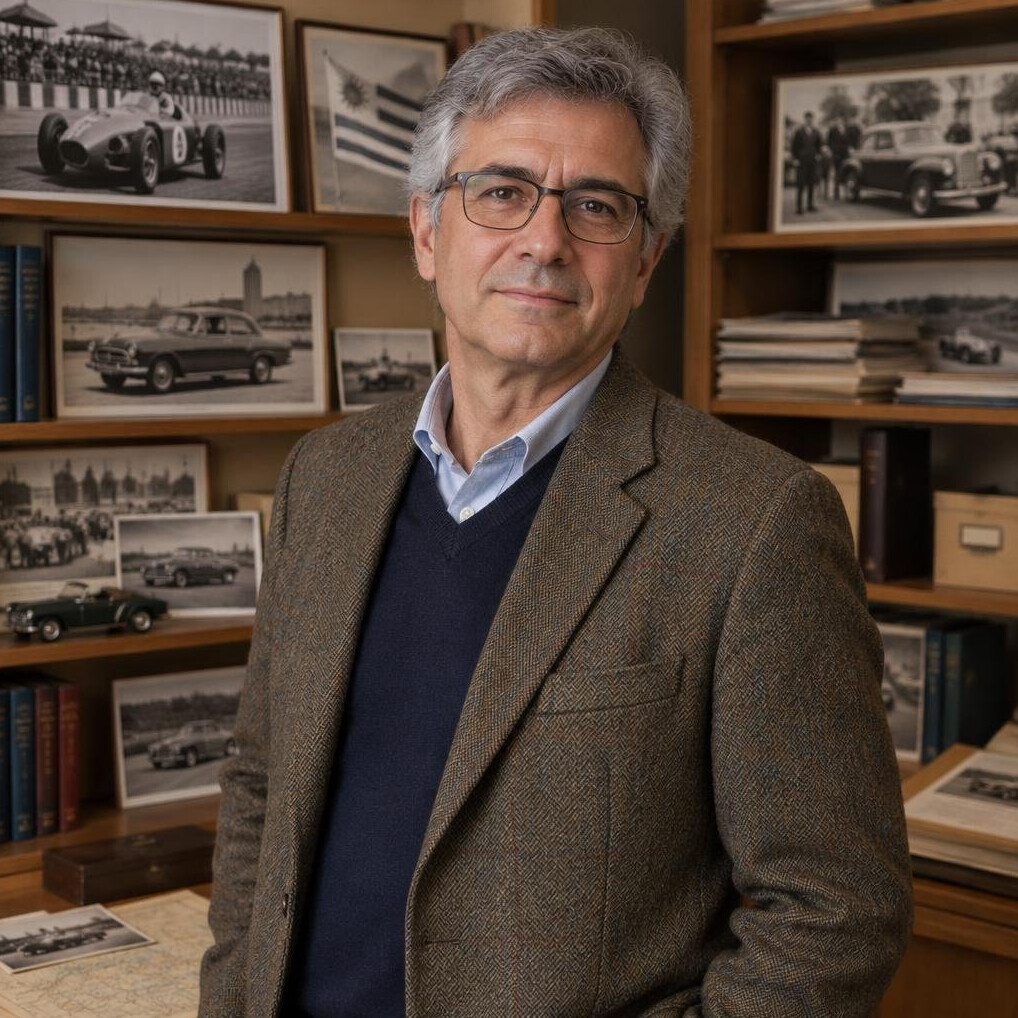 Portrait of a Uruguayan automotive historian and editor in an archive room