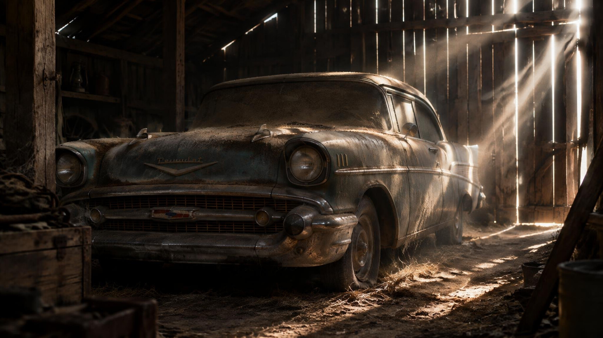 Dusty vintage automobile found hidden in an old barn