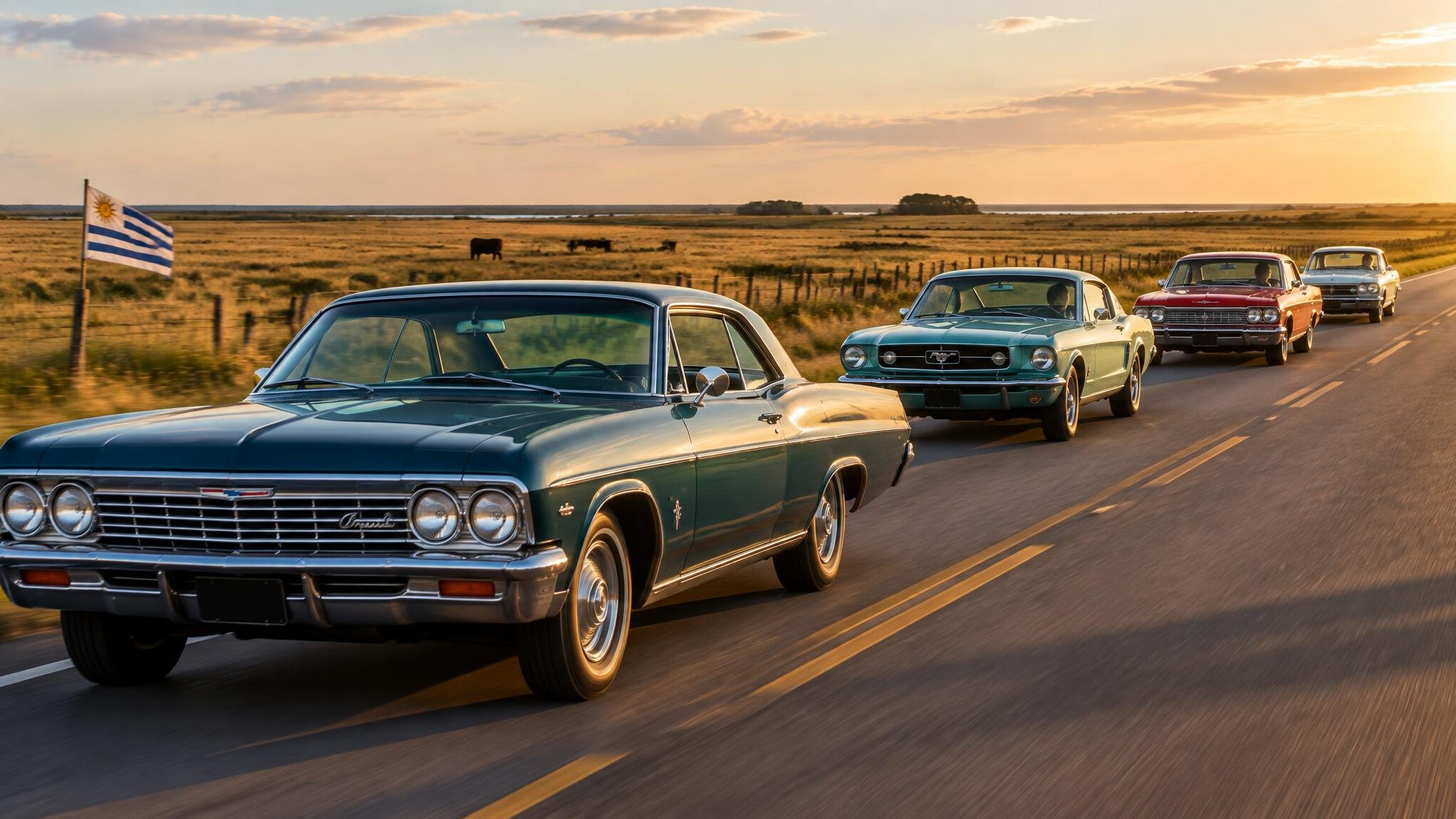 Convoy of classic automobiles driving along a rural Uruguayan highway