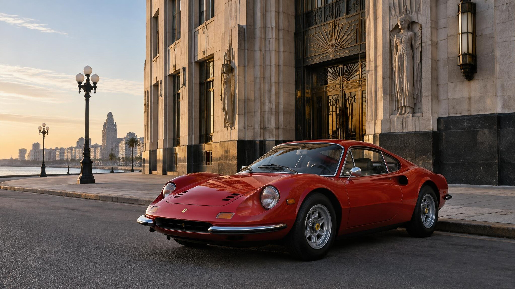 Classic Ferrari parked in front of a historic building in Montevideo