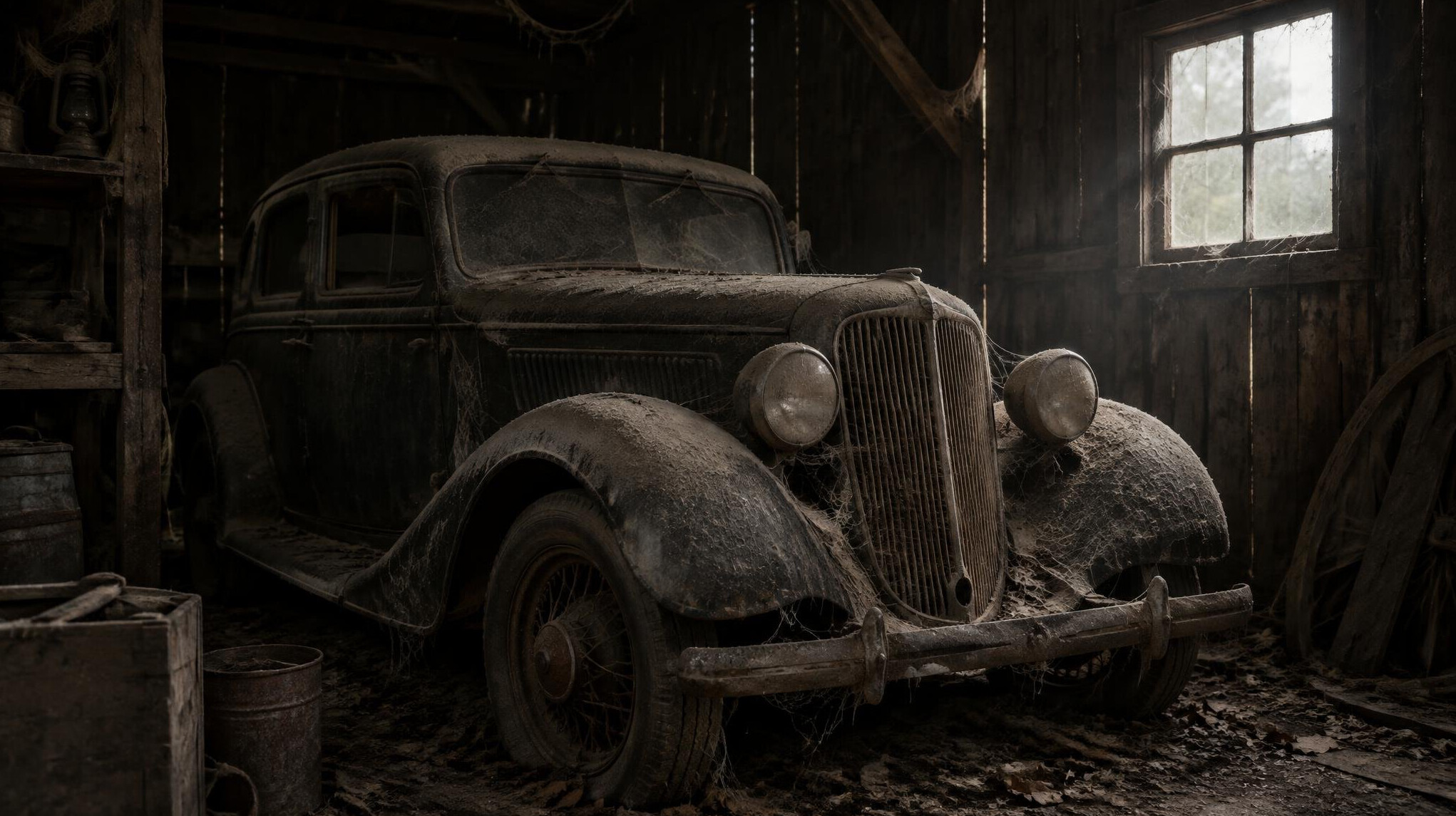 Forgotten vintage automobile covered in dust inside an abandoned shed
