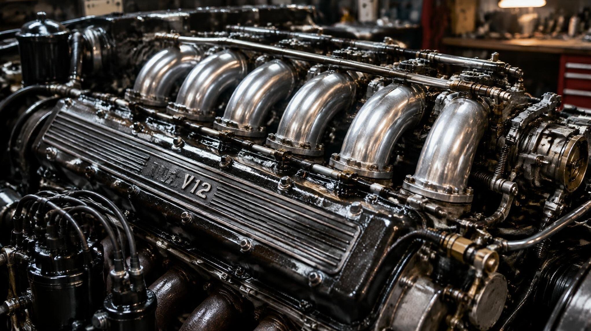Close up of a vintage V12 engine block with polished intake manifolds